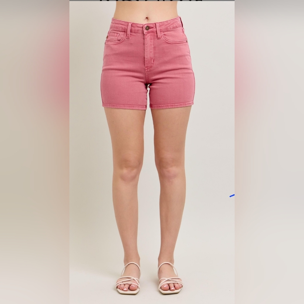 Judy Blue High Waist garment dyed & back pocket embroidery shorts - Rose